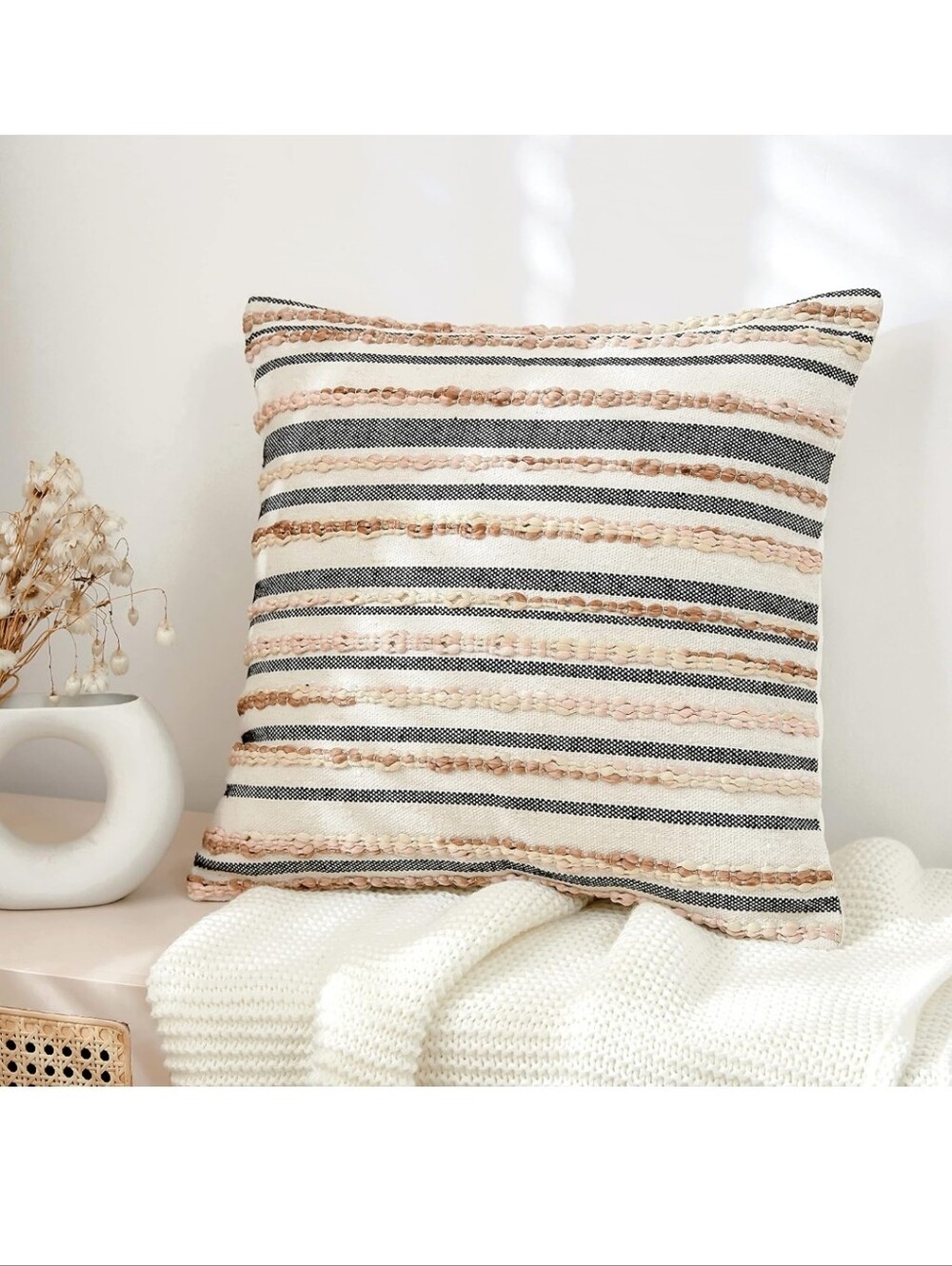 Boho Striped Brown and White Boucle Pillow Covers